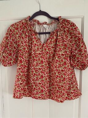 Hyacinth House Red Floral Peasant Top